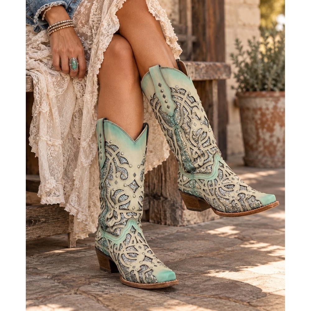 Corral Chameleon Sun Turquoise Glitter Studded Western Cowboy Boots 10.5